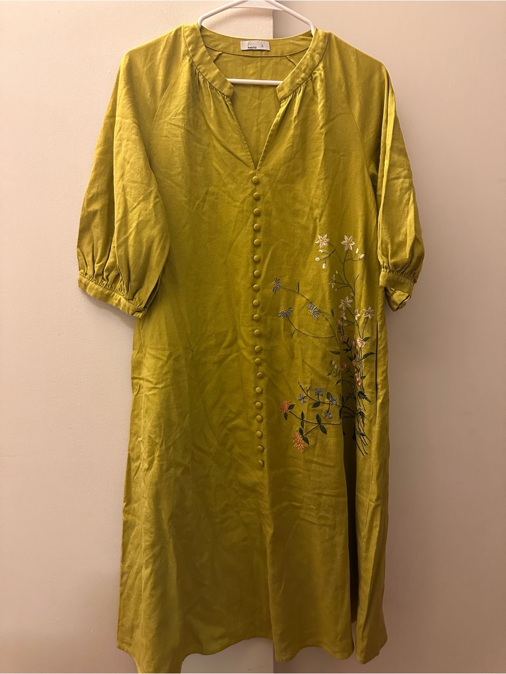 Pantio Olive Green Embroidered Button-Front Midi Dress